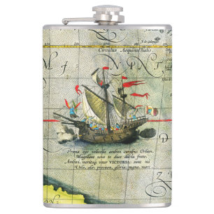 Magellans ship Victoria, Antique Map Pacific Ocean Flask