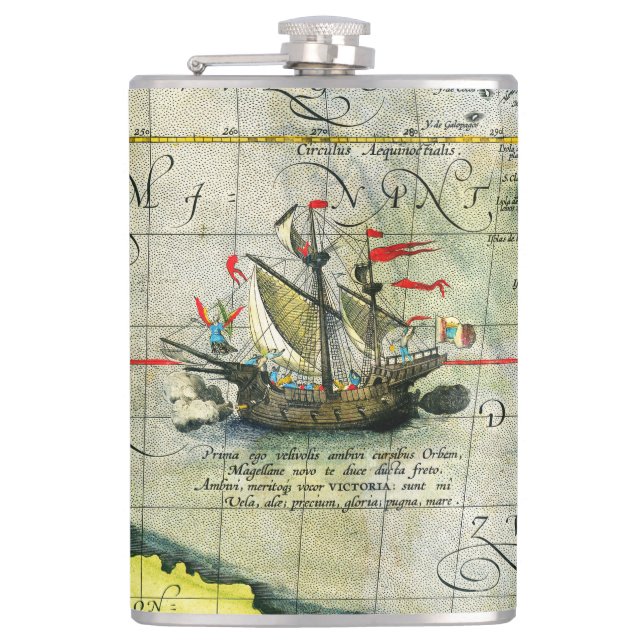 Magellans ship Victoria, Antique Map Pacific Ocean Flask (Front)