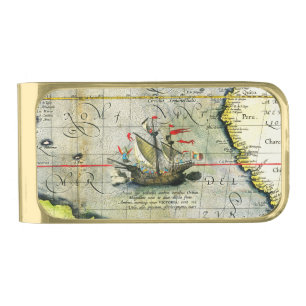 Magellans ship Victoria, Antique Map Pacific Ocean Gold Finish Money Clip