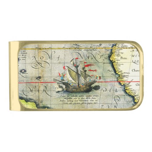 Magellans ship Victoria Antique Map Pacific Ocean Gold Finish Money Clip