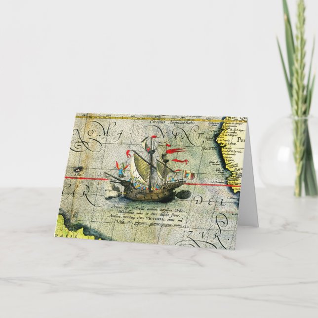 Magellans ship Victoria, Antique Map Pacific Ocean Holiday Card (Front)