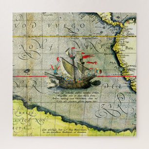 Magellans ship Victoria, Antique Map Pacific Ocean Jigsaw Puzzle