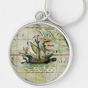 Magellans ship Victoria, Antique Map Pacific Ocean Keychain