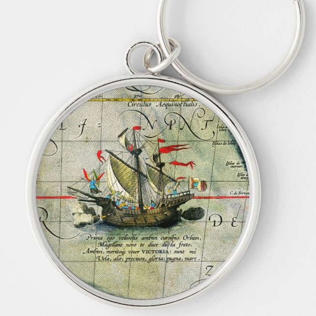 Magellans ship Victoria, Antique Map Pacific Ocean Keychain (Front)