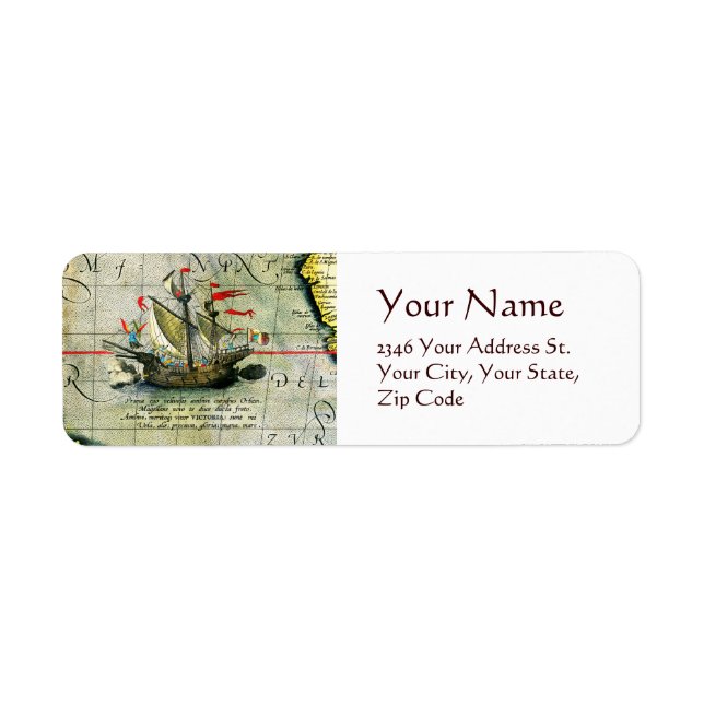 Magellans ship Victoria, Antique Map Pacific Ocean Label (Front)