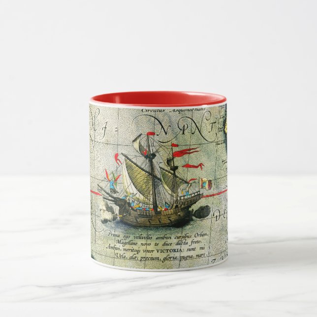 Magellans ship Victoria, Antique Map Pacific Ocean Mug (Center)