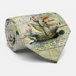 Magellans ship Victoria, Antique Map Pacific Ocean Neck Tie