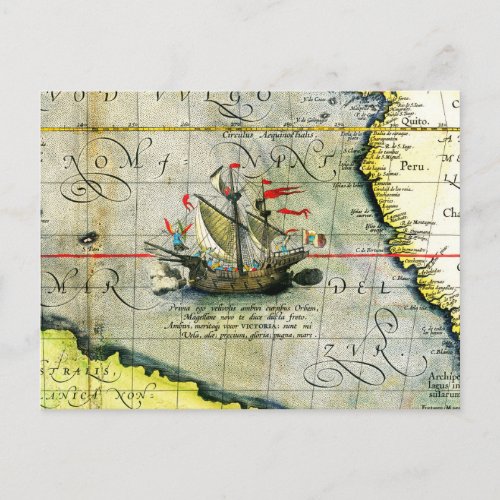 Magellans ship Victoria Antique Map Pacific Ocean Postcard
