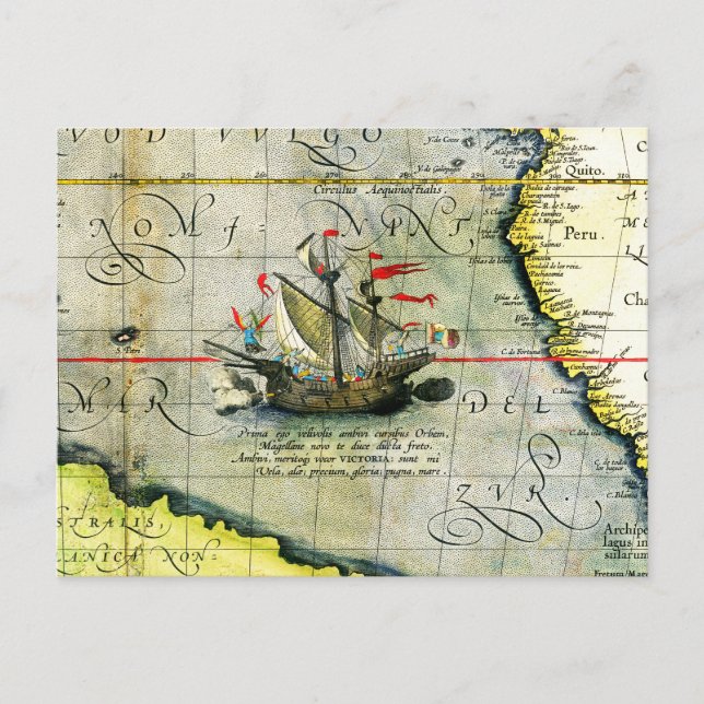Magellans ship Victoria, Antique Map Pacific Ocean Postcard (Front)