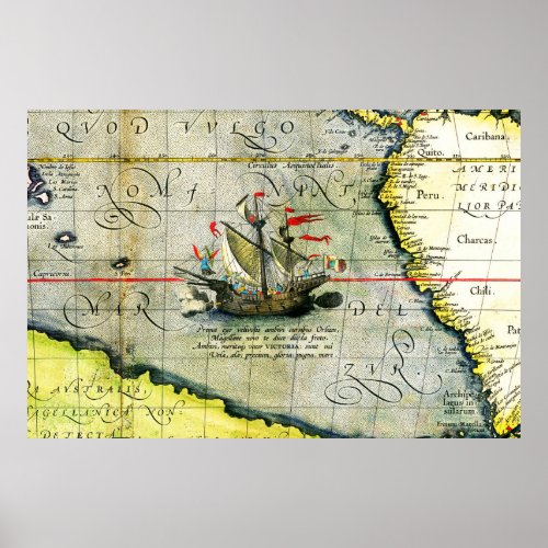 Magellans ship Victoria Antique Map Pacific Ocean Poster