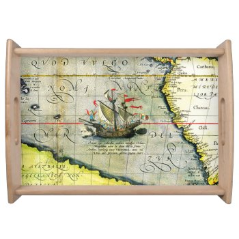 Magellans Ship Victoria  Antique Map Pacific Ocean Serving Tray by AiLartworks at Zazzle