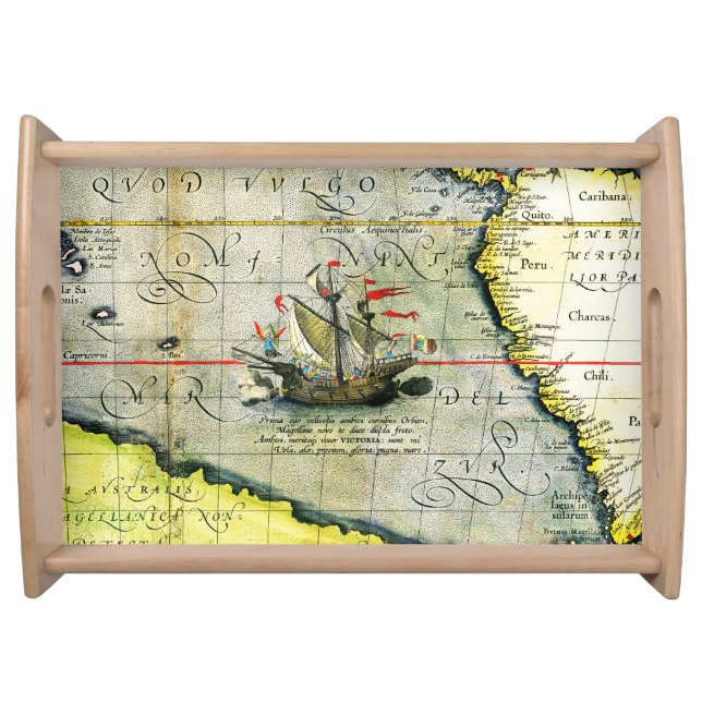 Magellans ship Victoria, Antique Map Pacific Ocean Serving Tray (Front)