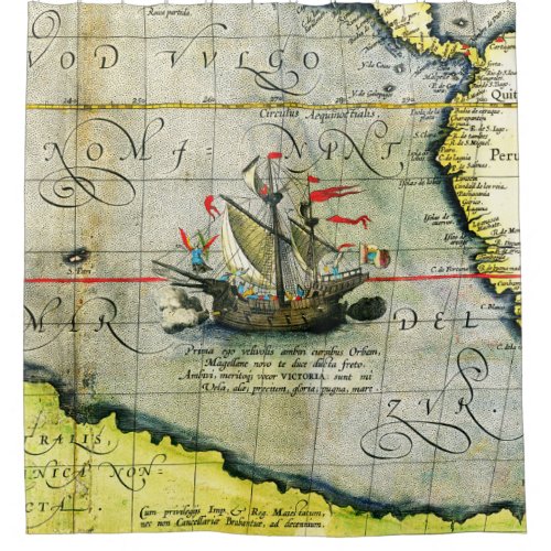 Magellans ship Victoria Antique Map Pacific Ocean Shower Curtain