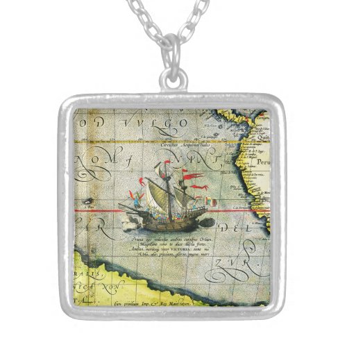Magellans ship Victoria Antique Map Pacific Ocean Silver Plated Necklace
