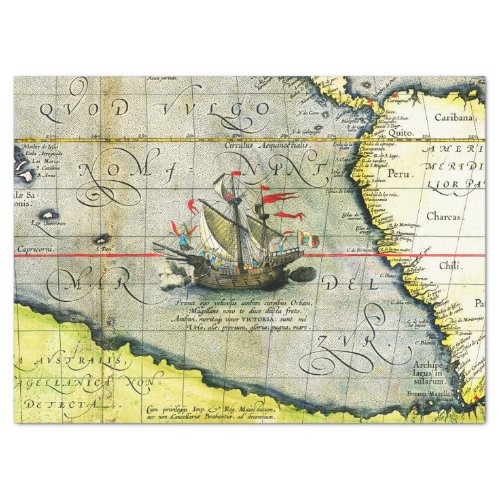 Magellans ship Victoria Antique Map Pacific Ocean Tissue Paper