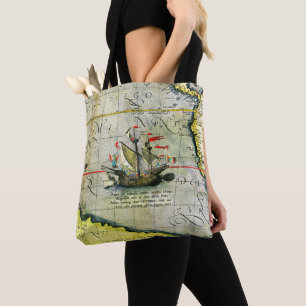 Magellans ship Victoria, Antique Map Pacific Ocean Tote Bag