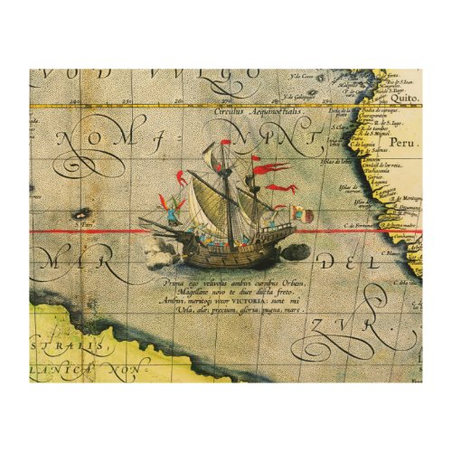 Magellans ship Victoria Antique Map Pacific Ocean Wood Wall Art