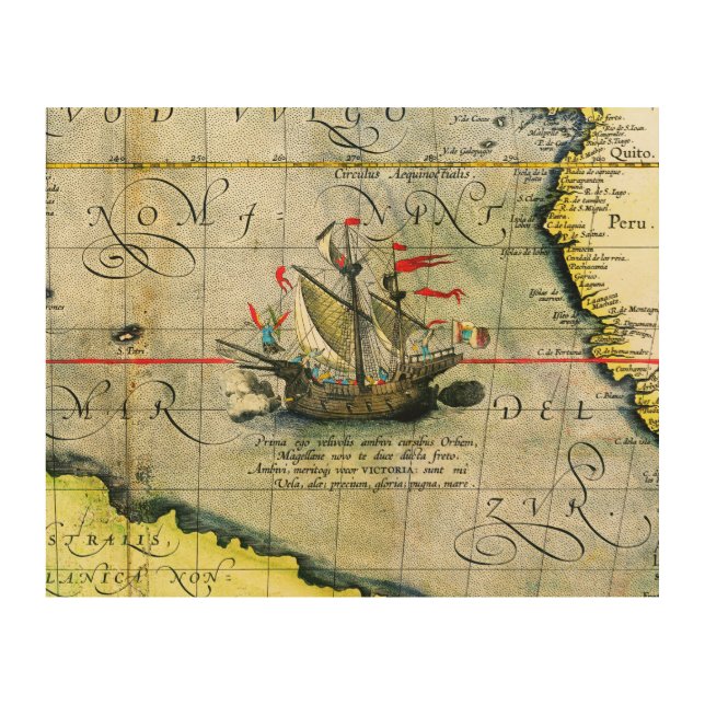 Magellans ship Victoria, Antique Map Pacific Ocean Wood Wall Art (Front)