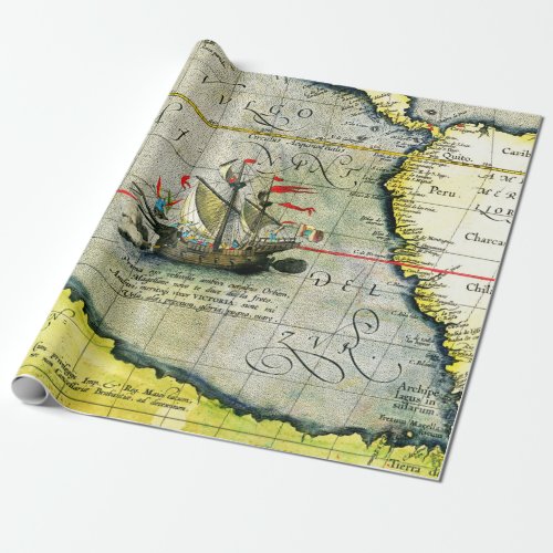 Magellans ship Victoria Antique Map Pacific Ocean Wrapping Paper
