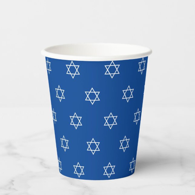 Magen David blue and white pattern Jewish Holidays Paper Cups (Front)