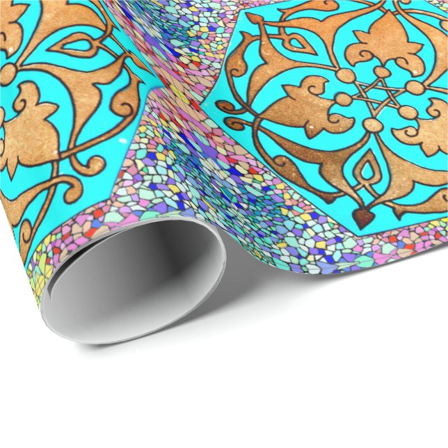 Magen David on Turquoise Floral Wrapping Paper (Roll Corner)