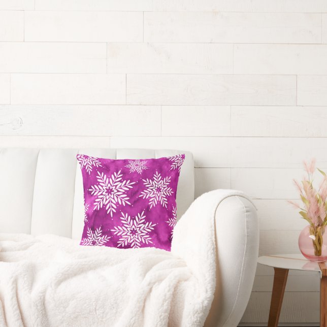 Magenta Abstract Watercolor Snowflakes Throw Pillow (Couch)