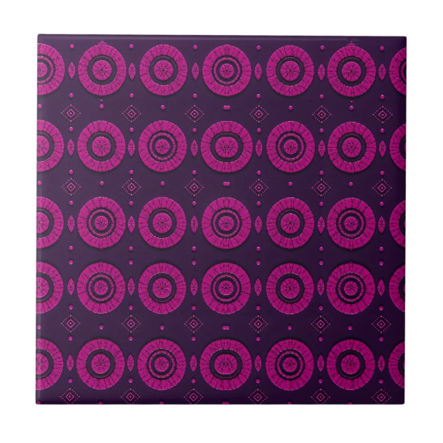 Magenta African Geometric Circle Pattern Decorativ Ceramic Tile (Front)
