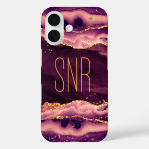 Magenta Agate Geode Monogram Name Gold Glitter iPhone 16 Case