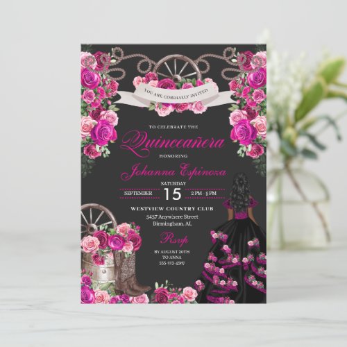 Magenta and Black Cowgirl Western Quinceanera Invitation