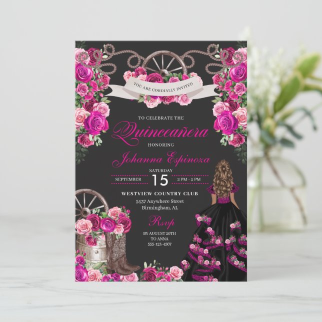 Magenta and Black Cowgirl Western Quinceanera Invitation (Standing Front)