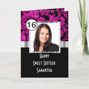 Magenta and black damask sweet sixteen letterpress thank you card