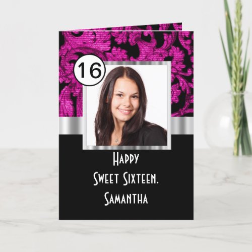 Magenta and black damask sweet sixteen thank you card