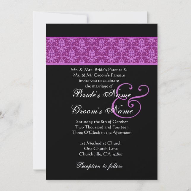 Magenta and Black  Damask Wedding Invitation (Front)