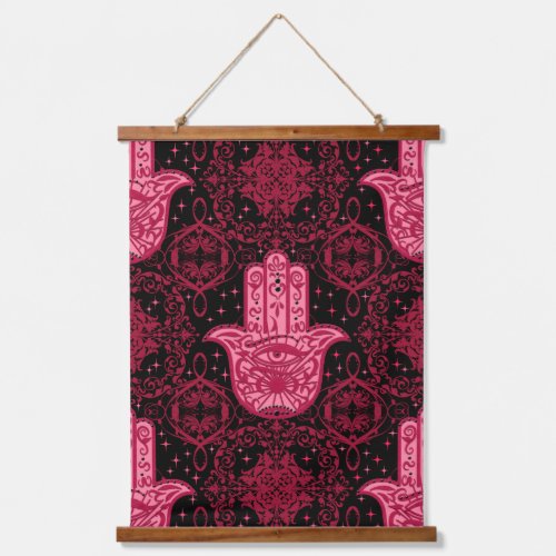 Magenta and Black Hamsa Hand Good Fortune Hanging Tapestry