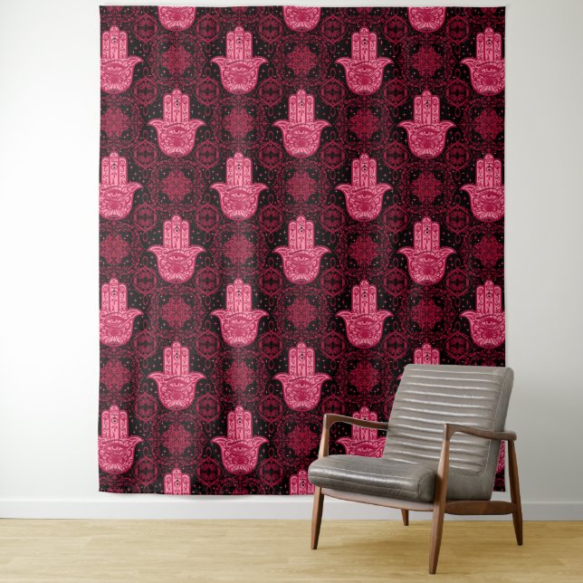 Magenta and Black Hamsa Hand Good Fortune  Tapestry (In Situ)