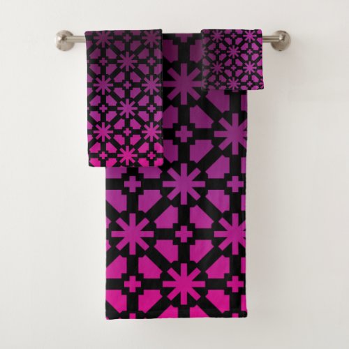 Magenta And Black Op Art Geometric Pattern  Bath Towel Set
