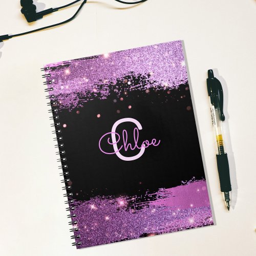 Magenta And Black Stylish Glittery Name  Inital Notebook