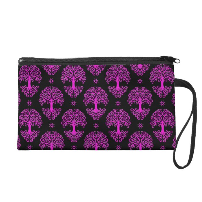 Magenta and Black Tree of Life Pattern Wristlet Clutch