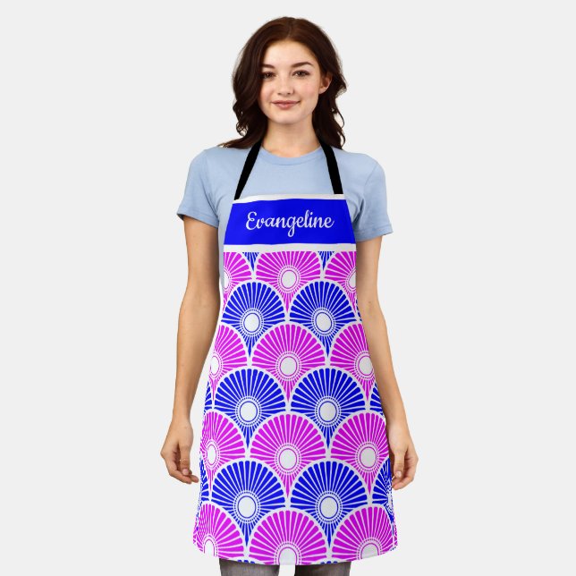 Magenta and Blue Chinese Semi Circle Wave Pattern  Apron (Worn)