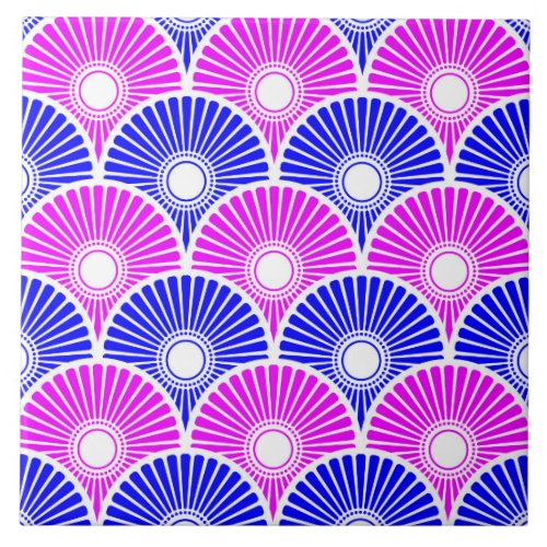 Magenta and Blue Chinese Semi Circle Wave Pattern Ceramic Tile