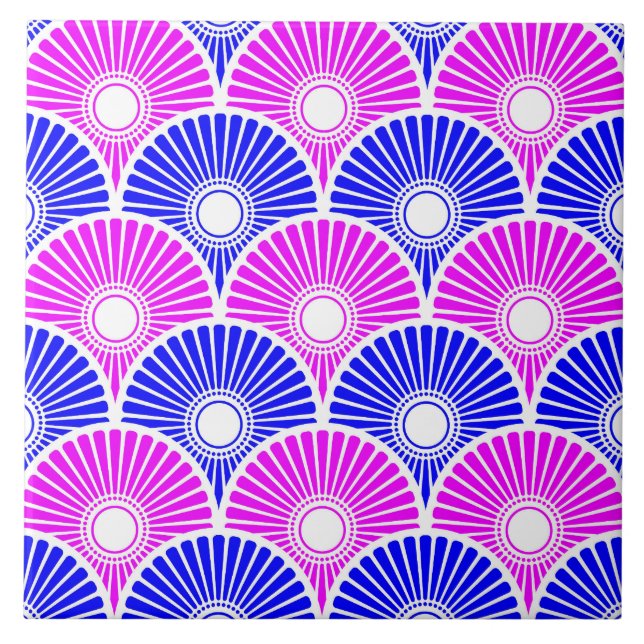 Magenta and Blue Chinese Semi Circle Wave Pattern Ceramic Tile (Front)