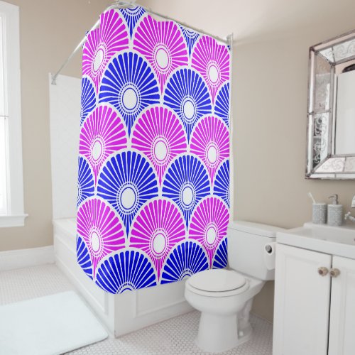 Magenta and Blue Chinese Semi Circle Wave Pattern Shower Curtain