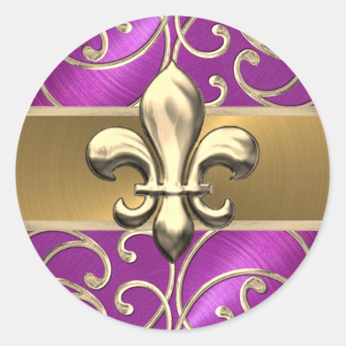 Magenta and Gold Filigree Swirls Fleur de Lis Classic Round Sticker