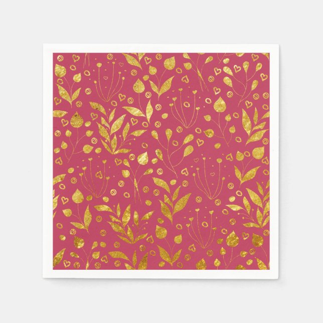  Magenta and Gold Leaves Paper Napkins (Front)