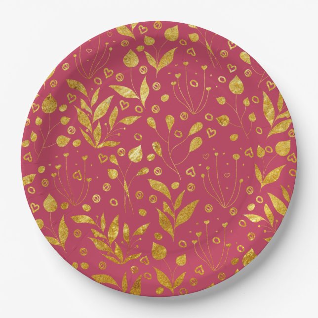Magenta and Gold Leaves   Paper Plates (Front)