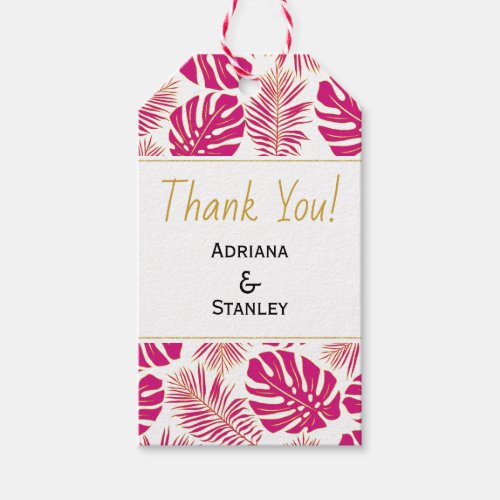 Magenta and gold tropical leaves Thank You wedding Gift Tags