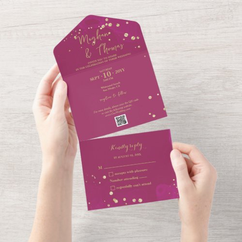 Magenta and Gold Wedding with QR Code RSVP All In One Invitation