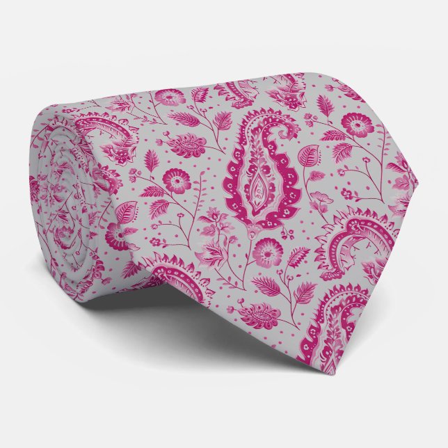 Magenta and Gray Paisley  Neck Tie (Rolled)