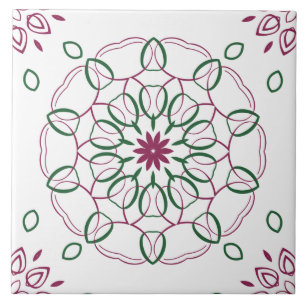 Magenta and Green Geometric Mandala Design Ceramic Tile