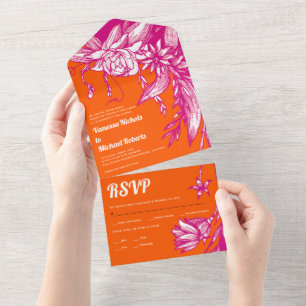 Magenta and orange line art flowers wedding all in one invitation